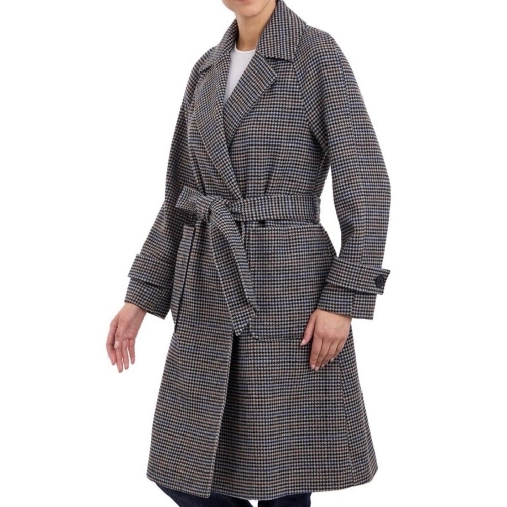 BCBGeneration Houndstooth Wrap Coat XXL Grey Brown Blue Belted B125460B74